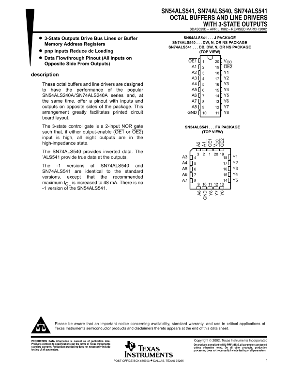 Texas Instruments SN54ALS541, SN74ALS540, SN74ALS541 Data Sheet - Page 1