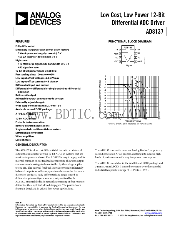 AD8137 Analog Devices Data Handbook/Manual - Page 1