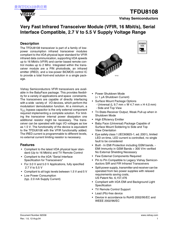 Vishay TFDU8108 Data Sheet - Page 1
