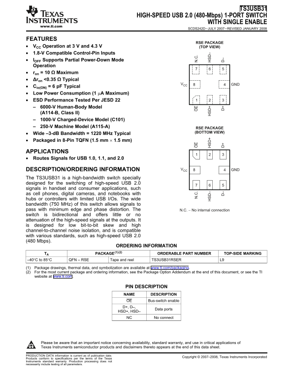 Texas Instruments TS3USB31 High-Speed USB 2.0 (480-Mbps) 1-Port Switch with Single Enable - Page 1