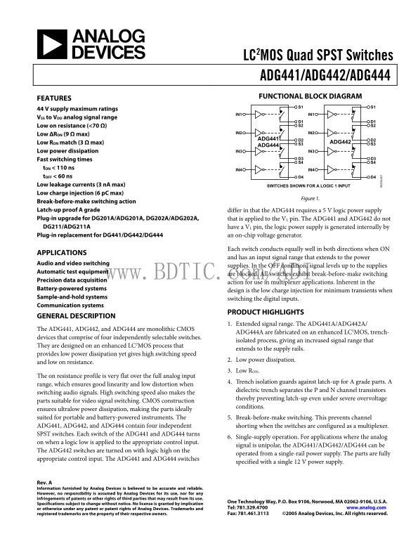 ADG441 Analog Devices Data Sheet - Page 1