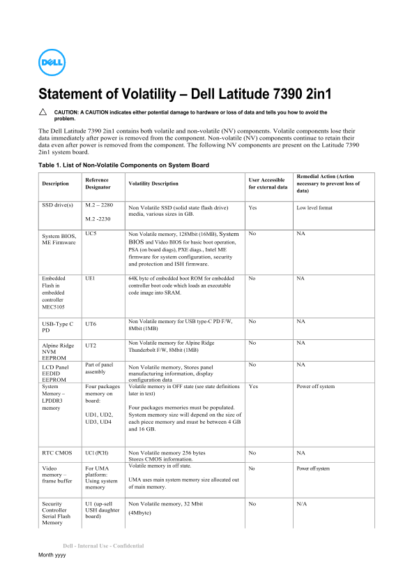 Dell Statement of Volatility – Dell Latitude 7390 2-in-1 Owner's Manual - Page 1