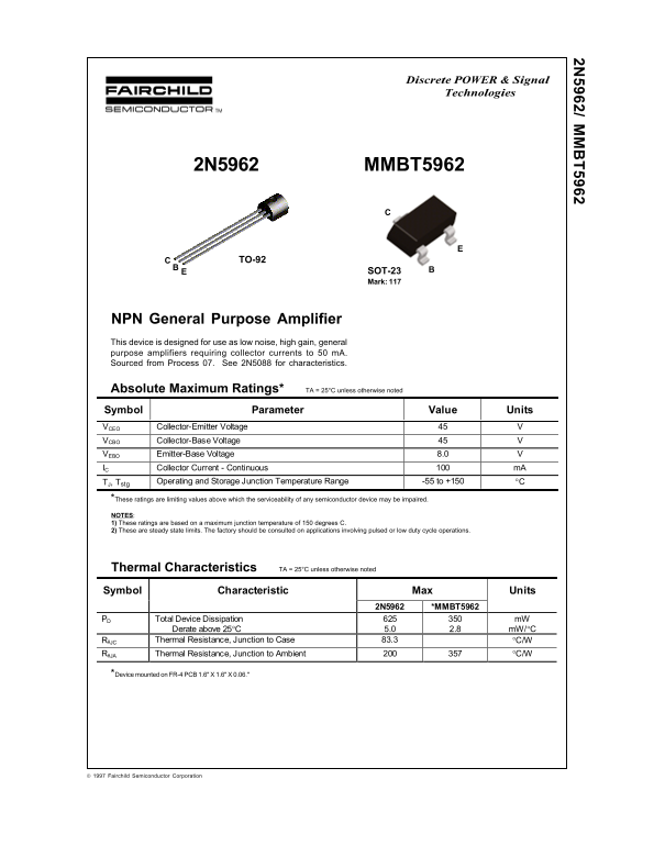 Fairchild 2N5962 MMBT5962 NPN General Purpose Amplifier Data Manual - Page 1