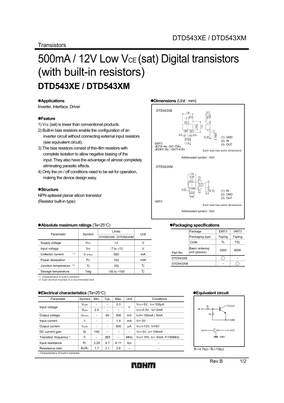 ROHM DTD543XE DTD543XM Data Sheet - Page 1