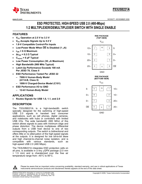 Texas Instruments TS3USB221A Data Sheet/Manual - Page 1