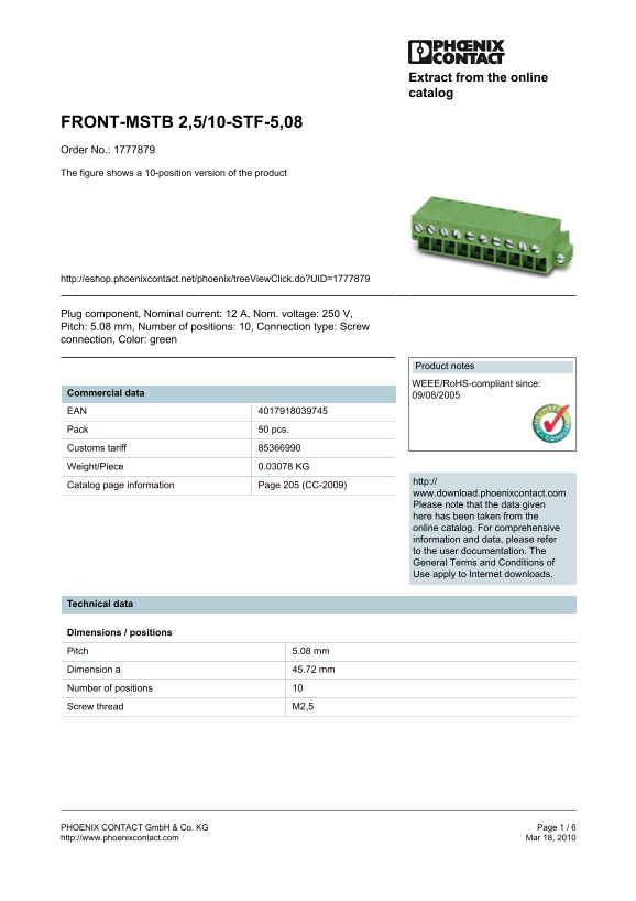 Order No. 1777879 Data Sheet - FRONT-MSTB 2,5 10-Position Version Phoenix Contact Product - Page 1