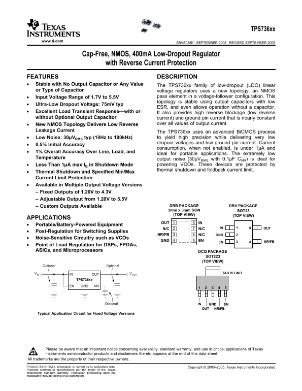 Texas Instruments TPS736xx Data Sheet Handbook - Page 1
