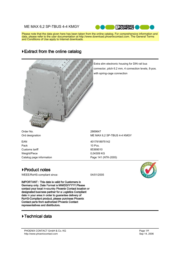 Phoenix Contact ME Max 6.2 SP-TBUS 4-4 KMGY Owner's Manual - Page 1