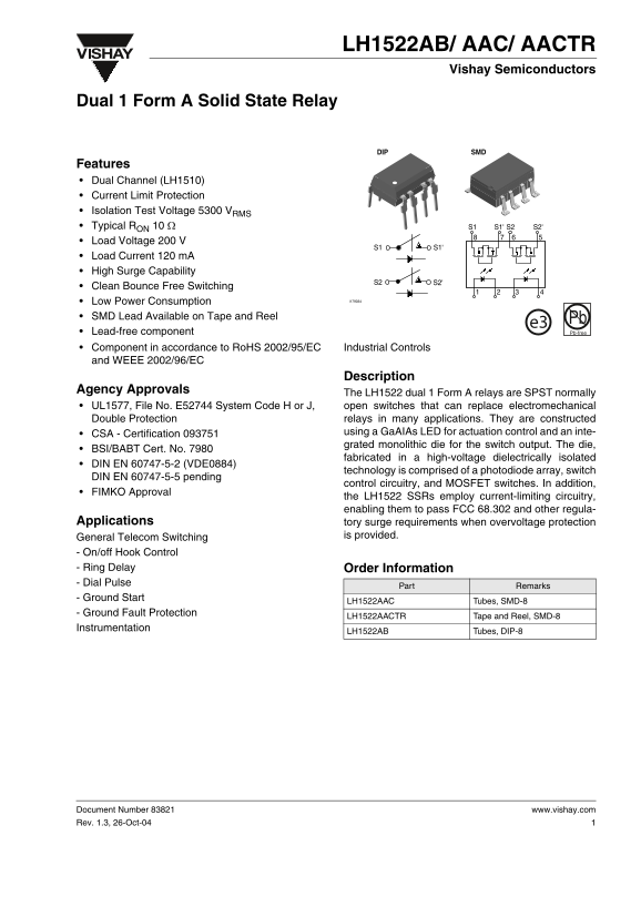 Vishay Semiconductor LH1522AB AAC AACTR Specifications and User Guide - Page 1