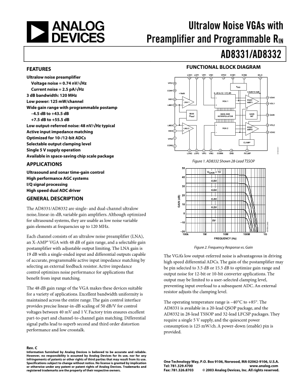 ANALOG DEVICES Ultralow Noise VGAs with Preamplifier and Programmable RIN AD8331 AD8332 User Manual - Specifications - Page 1