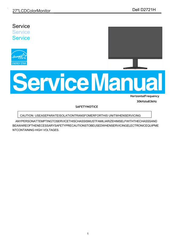 Dell D2721H Monitor Simplified Service Manual - Page 1