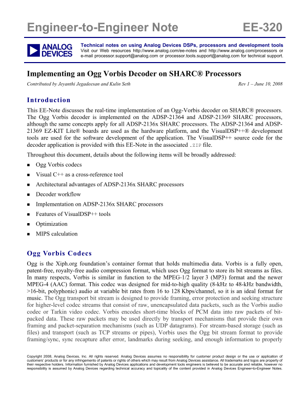 ANALOG DEVICES Implementing an Ogg Vorbis Decoder on SHARC Processors (Rev 1, 06 2008) Owner's Manual & User Guide - Page 1