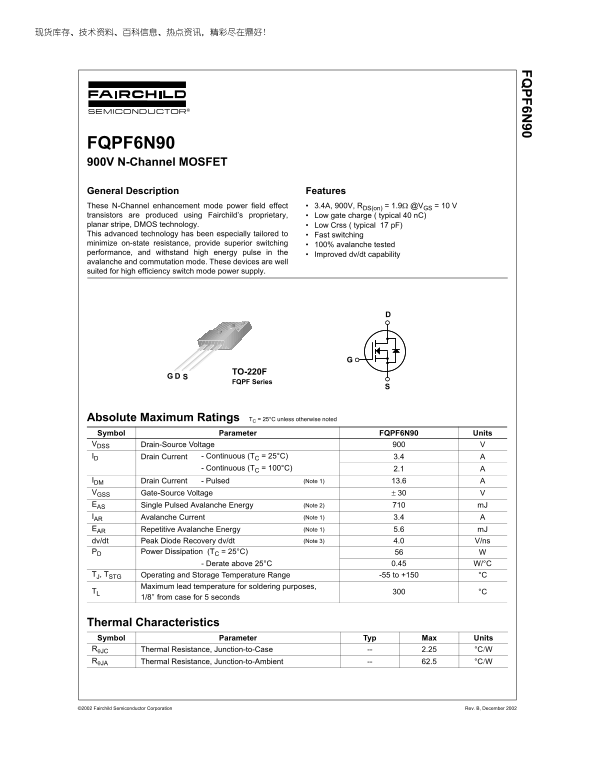 Fairchild FQPF6N90 Technical Specifications (1) - Page 1