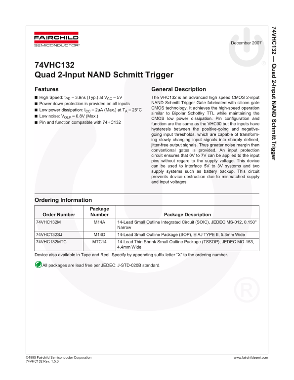 Fairchild 74VHC132 Quad 2-Input NAND Schmitt Trigger Data Manual - Page 1