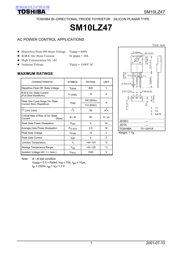 Toshiba TOSHIBA BI-DIRECTIONAL TRIODE THYRISTOR Silicon Planar Type SM10LZ47 Data Handbook - Page 1