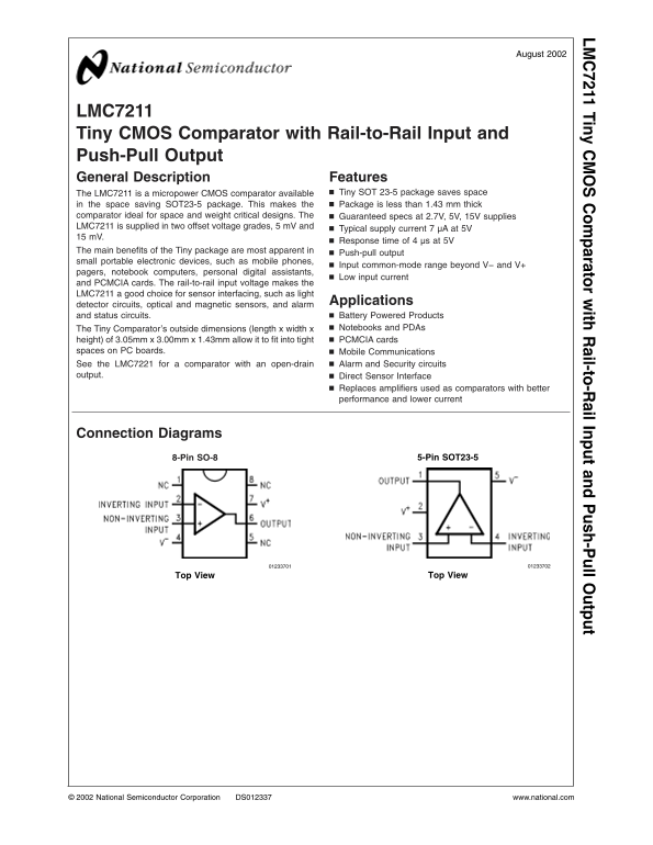 NATIONAL SEMICONDUCTOR LMC7211 Tiny CMOS Comparator with Rail-to-Rail Input and Push-Pull Output - Page 1
