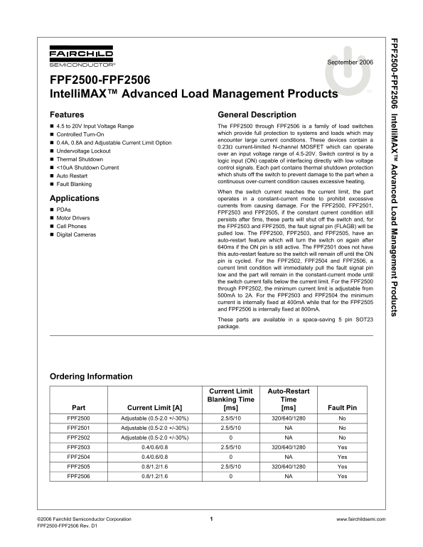 Fairchild Semiconductor FPF2500-FPF2506 IntelliMAX™ Advanced Load Management Products Data Manual - Page 1