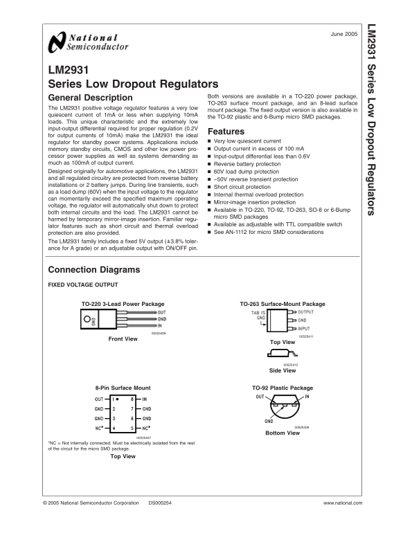 National LM2931 Data Handbook and Specifications - Page 1