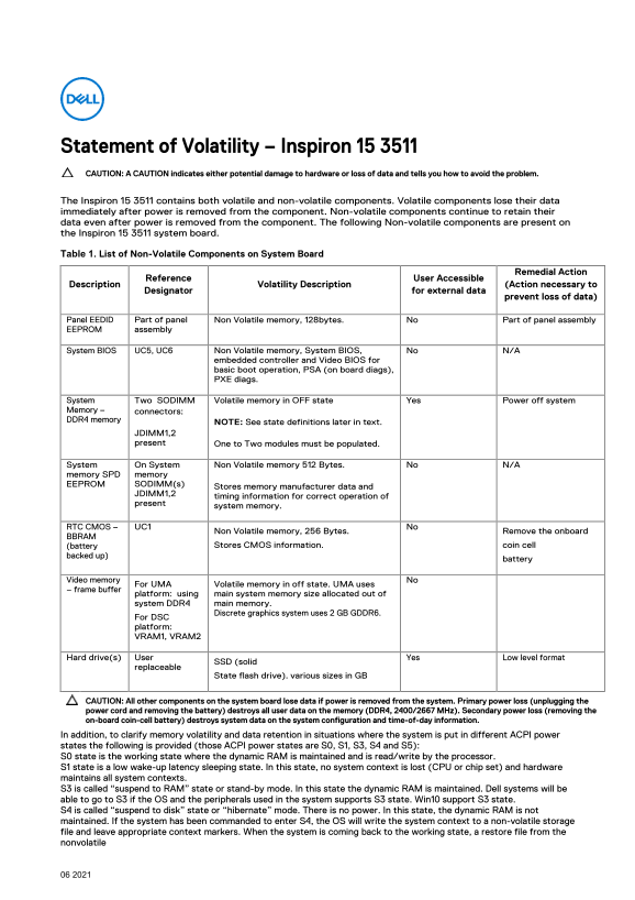 Dell Inspiron 15 3511 Statement of Volatility - Page 1