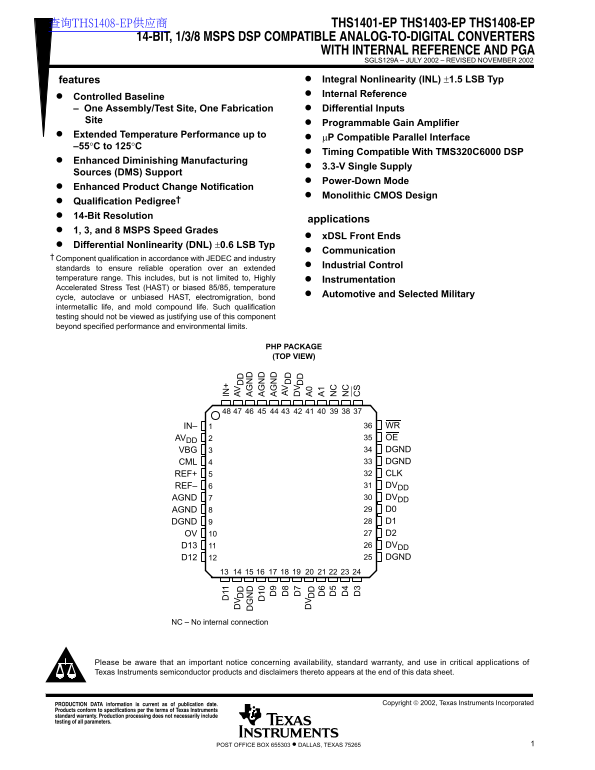 Texas Instruments THS1401-EP, THS1403-EP, THS1408-EP Data Sheet - Page 1