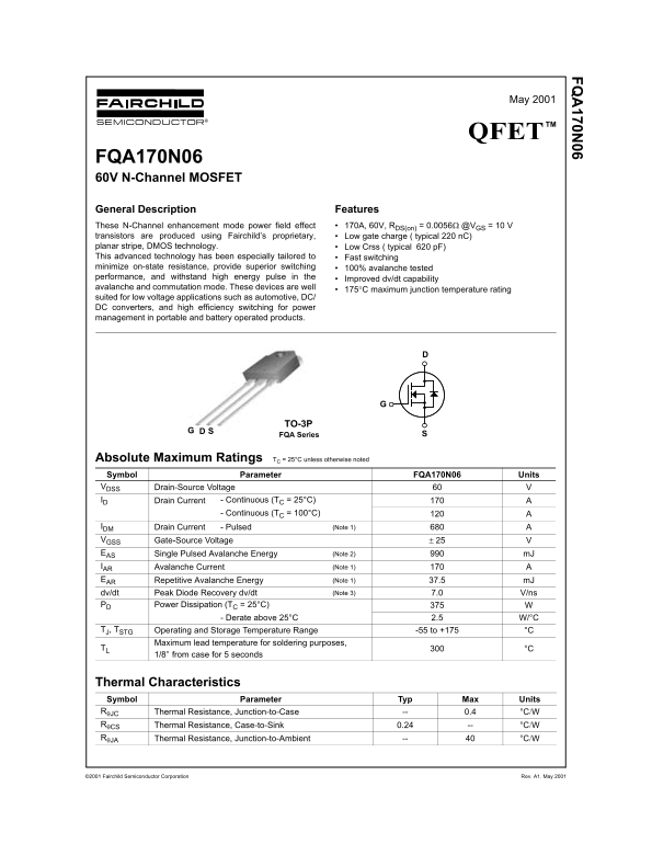Fairchild Semiconductor FQA170N06 60V N-Channel MOSFET Data Sheet - Page 1