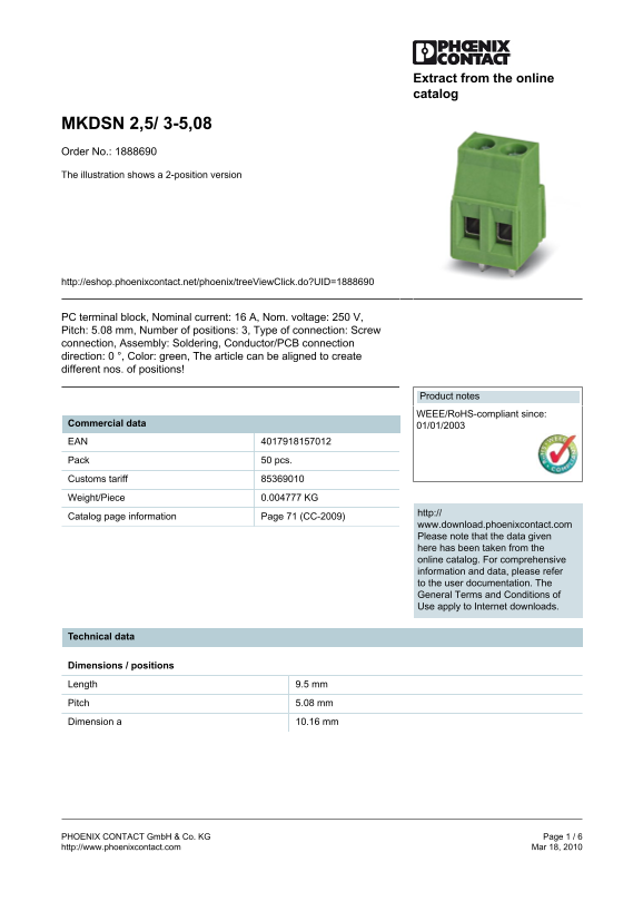 Phoenix Contact - MKDSN 2.5 3-5.08 Data Manual/Specification Sheet - Page 1