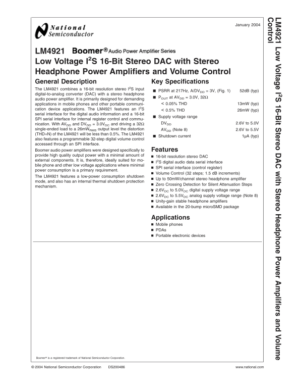 National Semiconductor LM4921 Low Voltage I2S 16-Bit Stereo DAC with Stereo Headphone Power Amplifiers and Volume Control - Page 1