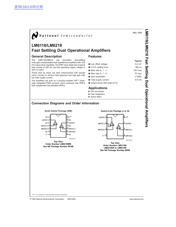 National Semiconductor LM6118 LM6218 Fast Settling Dual Operational Amplifiers Data Sheet - Page 1