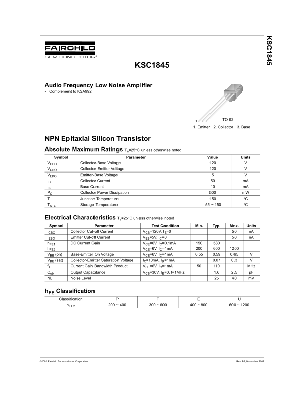Fairchild KSC1845 NPN Epitaxial Silicon Transistor Data Handbook - Page 1