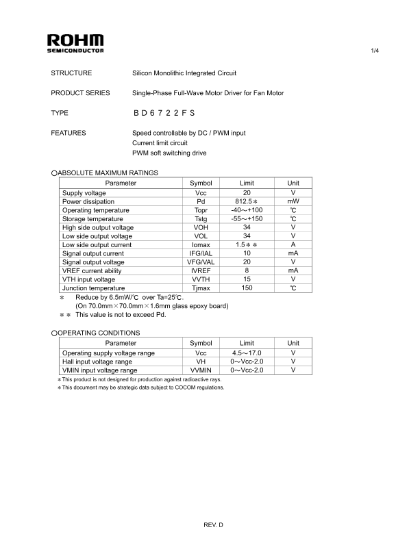 RoHM BD6722FS Data Manual/Specifications Sheet - Page 1
