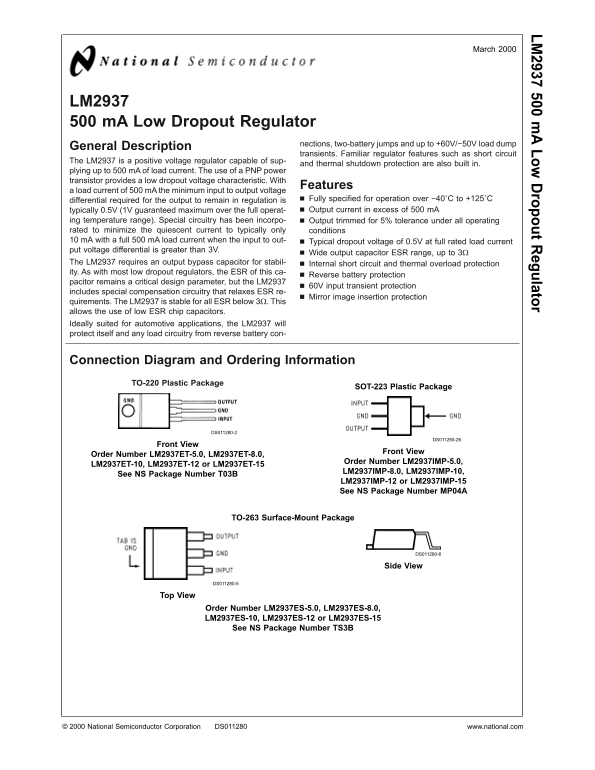 National Semiconductor LM2937 Data Sheet - Page 1
