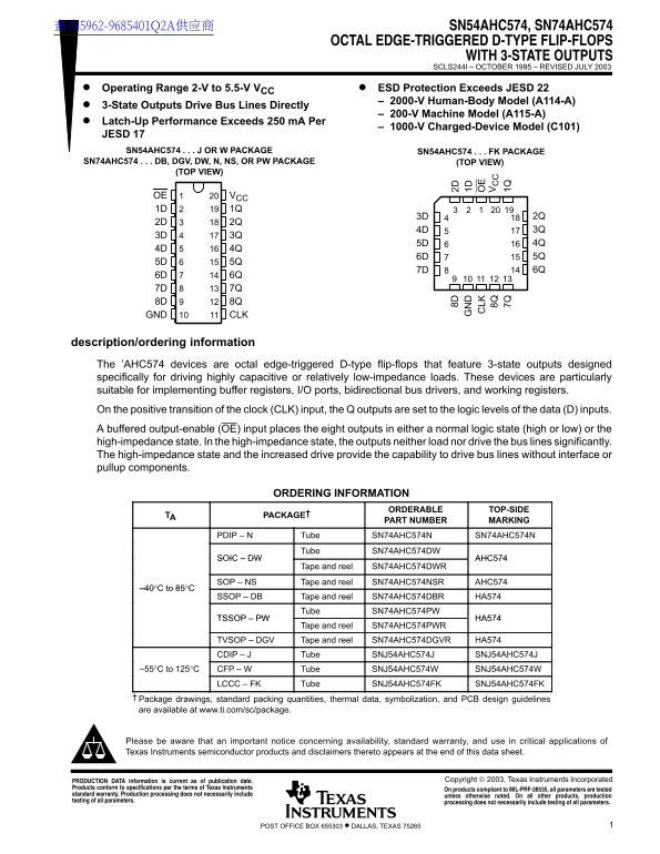 TEXAS INSTRUMENTS SN54AHC574, SN74AHC574 OCTAL EDGE-TRIGGERED D-TYPE FLIP-FLOPS WITH 3-STATE OUTPUTS User Manual - Specifications - Page 1