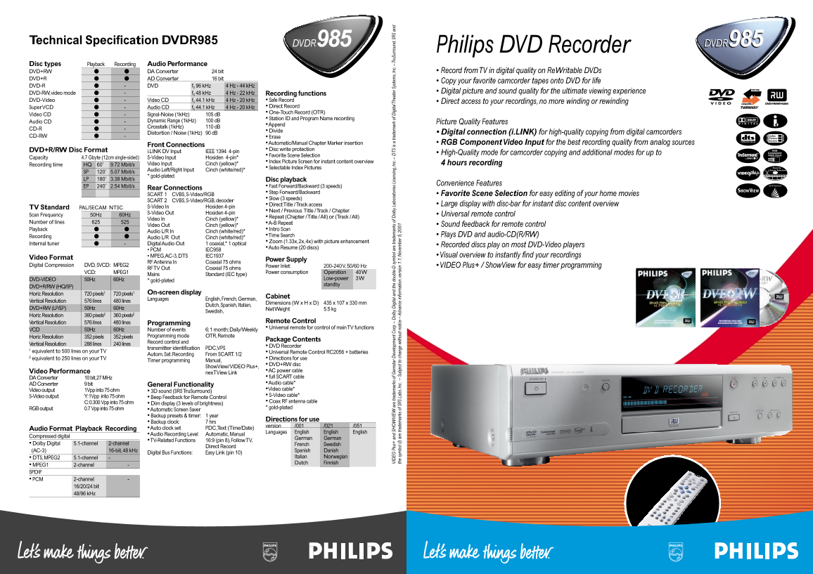 Philips Technical Specification DVDR985 Specifications User Guide - Page 1