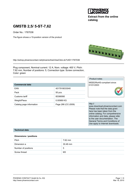 Phoenix Contact - GMSTB 2,5 5-ST-7,62 Data Manual - Page 1