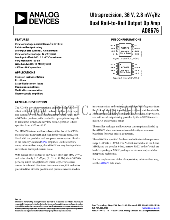AD8676 Analog Devices Data Handbook & Specifications Sheet - Page 1