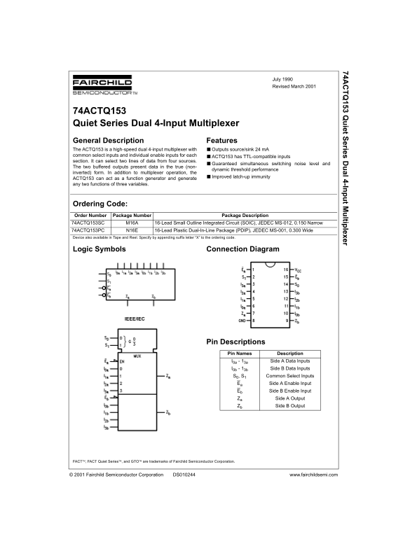 Fairchild 74ACTQ153 Quiet Series Dual 4-Input Multiplexer Data Manual - Page 1