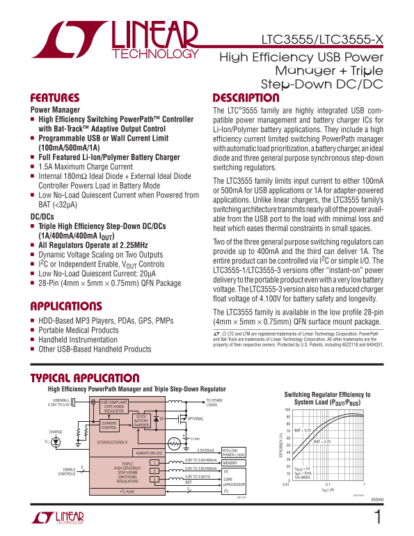 LINEAR TECHNOLOGY - LTC3555 High Efficiency USB Power Manager + Triple Step-Down DC-DC Manual - Page 1