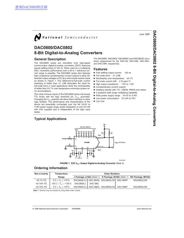 National Semiconductor DAC0800 DAC0802 8-Bit Digital-to-Analog Converter User Manual - Page 1