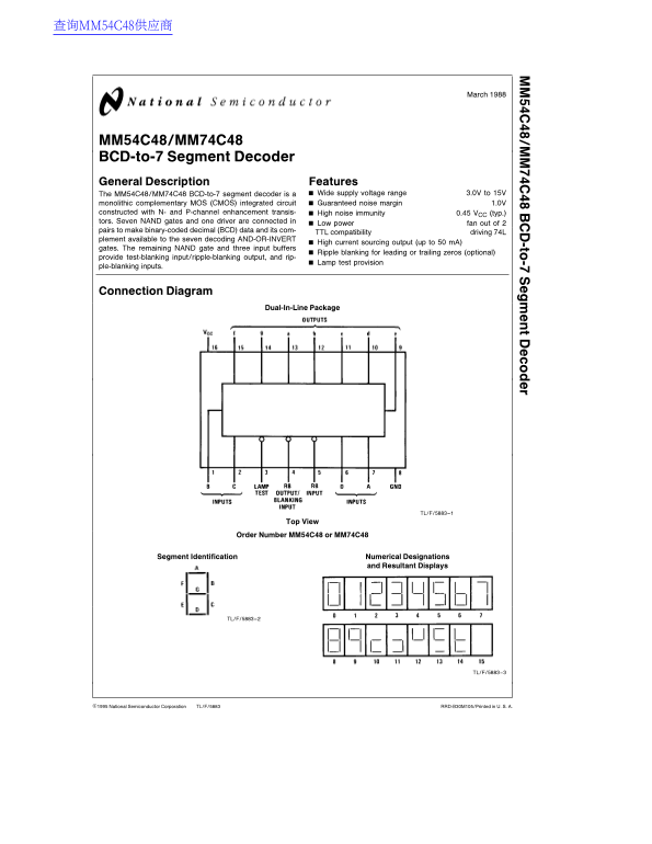 National Semiconductor MM54C48 MM74C48 BCD-to-7 Segment Decoder - Page 1