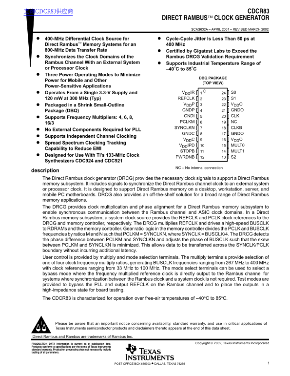 Texas Instruments CDCR83 Direct Rambus Clock Generator Data Sheet - Page 1