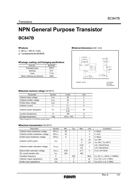 ROHM BC847B Data Sheet - Page 1