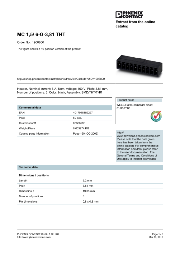 Phoenix Contact MC 1.5 6-G-3.81 THT Data Manual/Specifications Sheet - Page 1