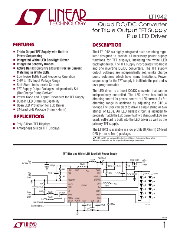 LINEAR TECHNOLOGY - LT1942 Data Sheet - Page 1