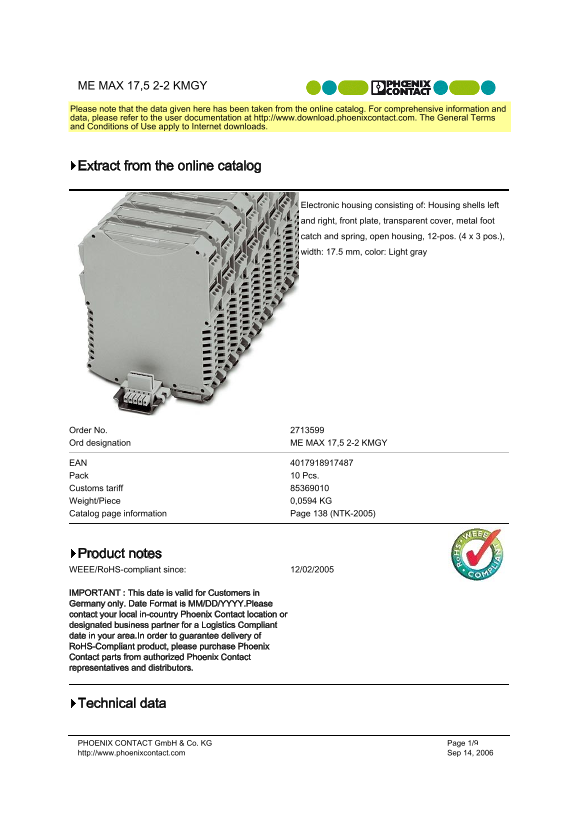 Phoenix Contact ME MAX 17.5 2-2 KMGY User Guide - Page 1