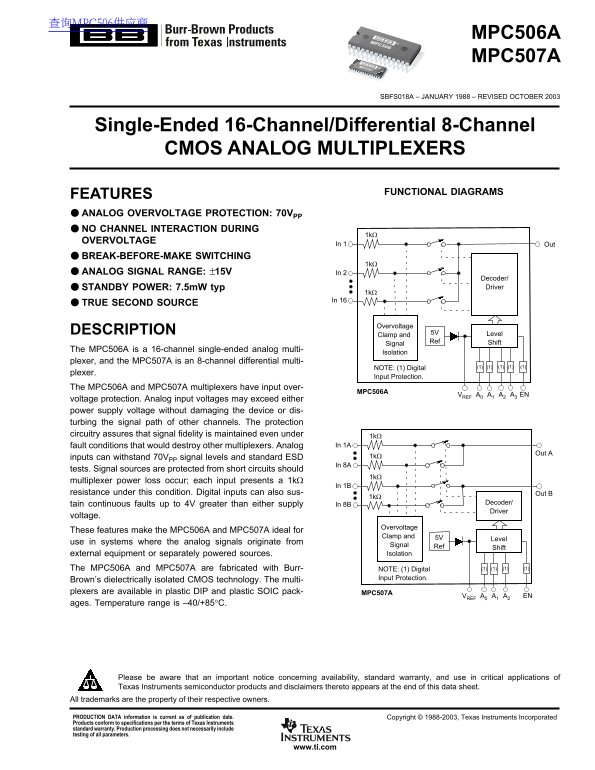 Texas Instruments BB MPC506A MPC507A Single-Ended 16-Channel Differential 8-Channel CMOS Analog Multiplexers Data Sheet User Manual - Page 1