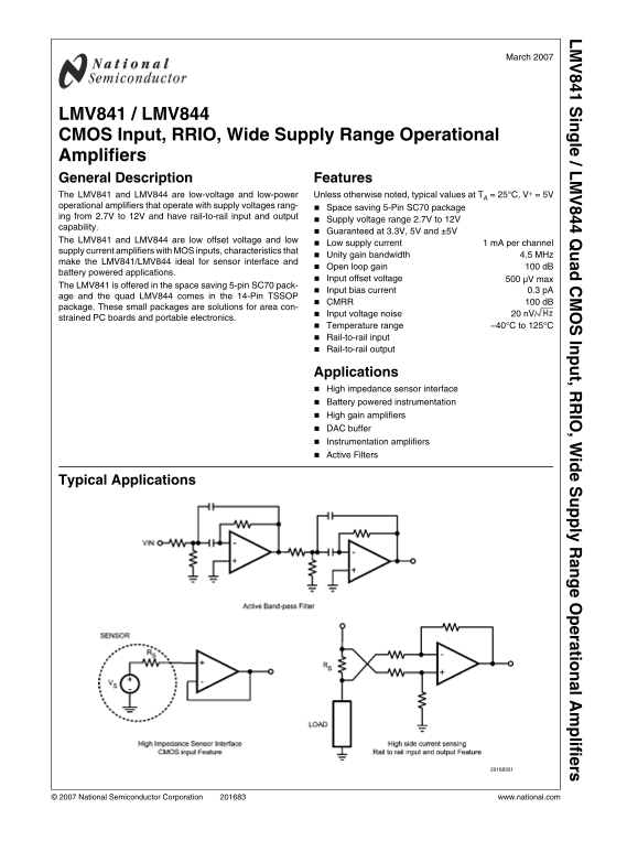NATIONAL SEMICONDUCTOR - LMV841 Single LMV844 Quad CMOS Input Operational Amplifiers Data Manual, Owner's Guide - Page 1