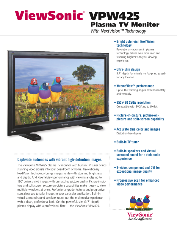 ViewSonic VPW425 Plasma TV Monitor User's Manual and Instruction Booklet - Page 1