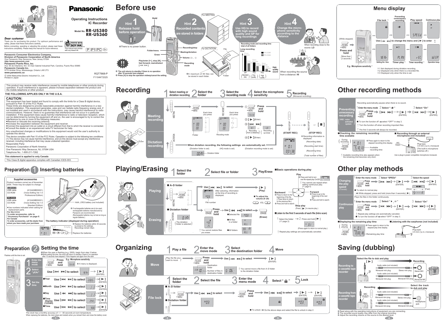 Panasonic RR-US380 RR-US360 IC Recorder Operating Instructions - Page 1