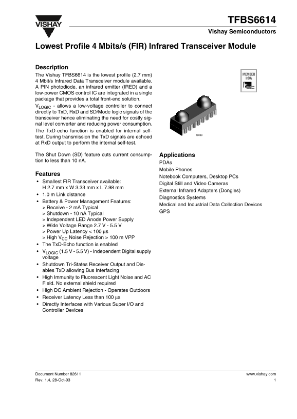 Vishay TFBS6614 Data Sheet - Page 1