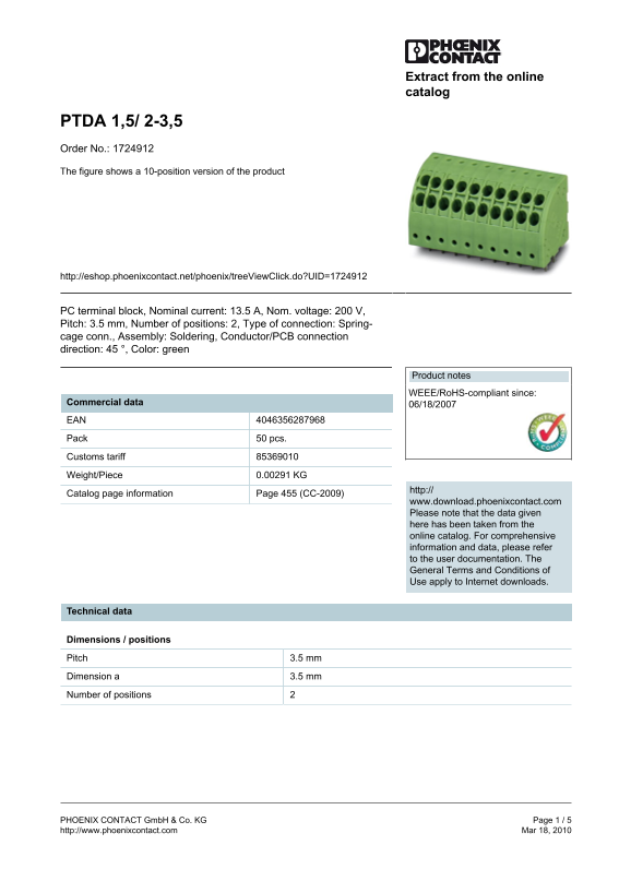Phoenix Contact - PTDA 1.5 2-3.5 Data Handbook / Instructions Manual - Page 1